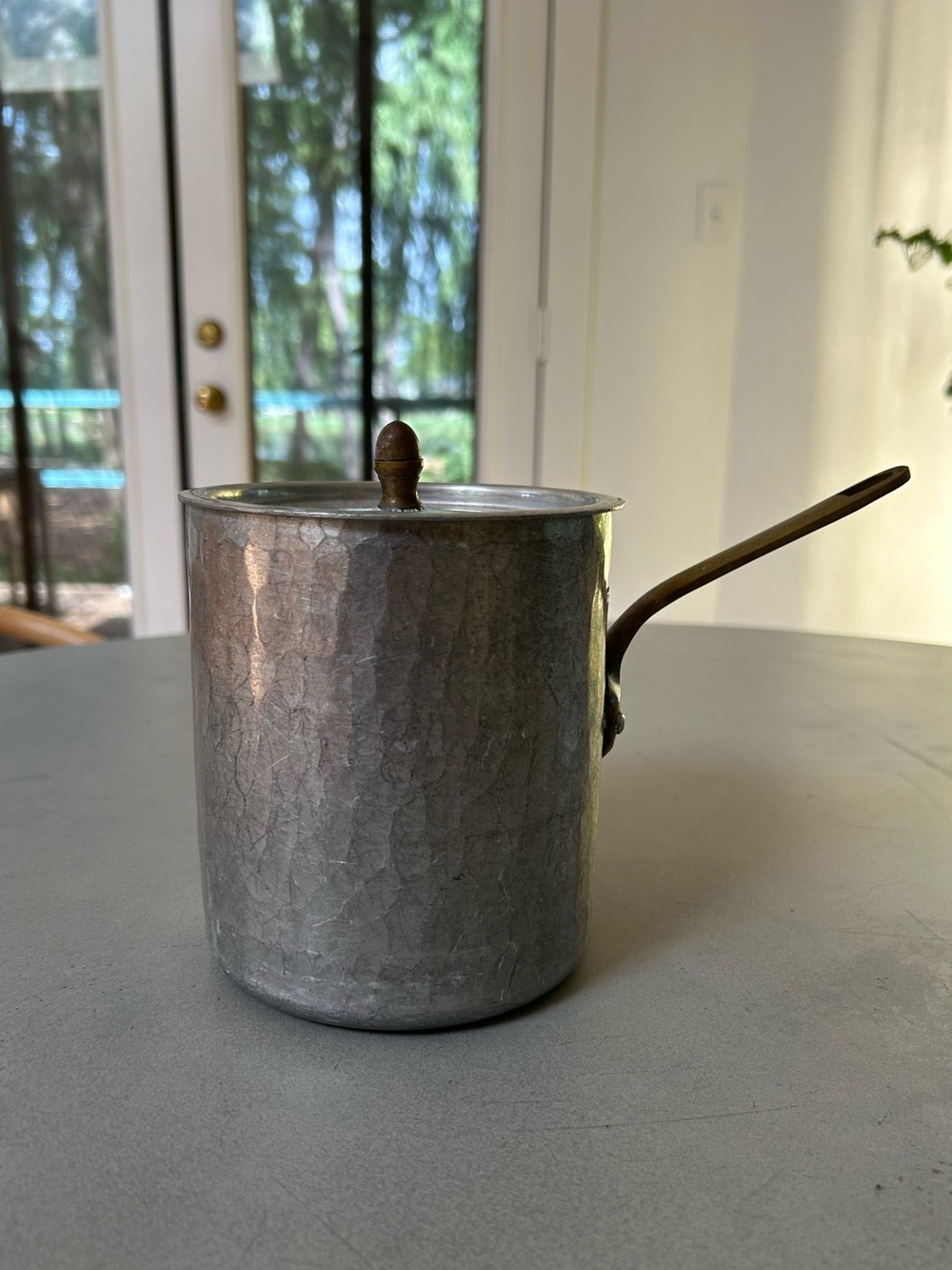 Antique Maufer France Aluminum Saucepan Pot with Lid Brass Handle